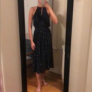 Blue & Black Floral Silk Midi Dress